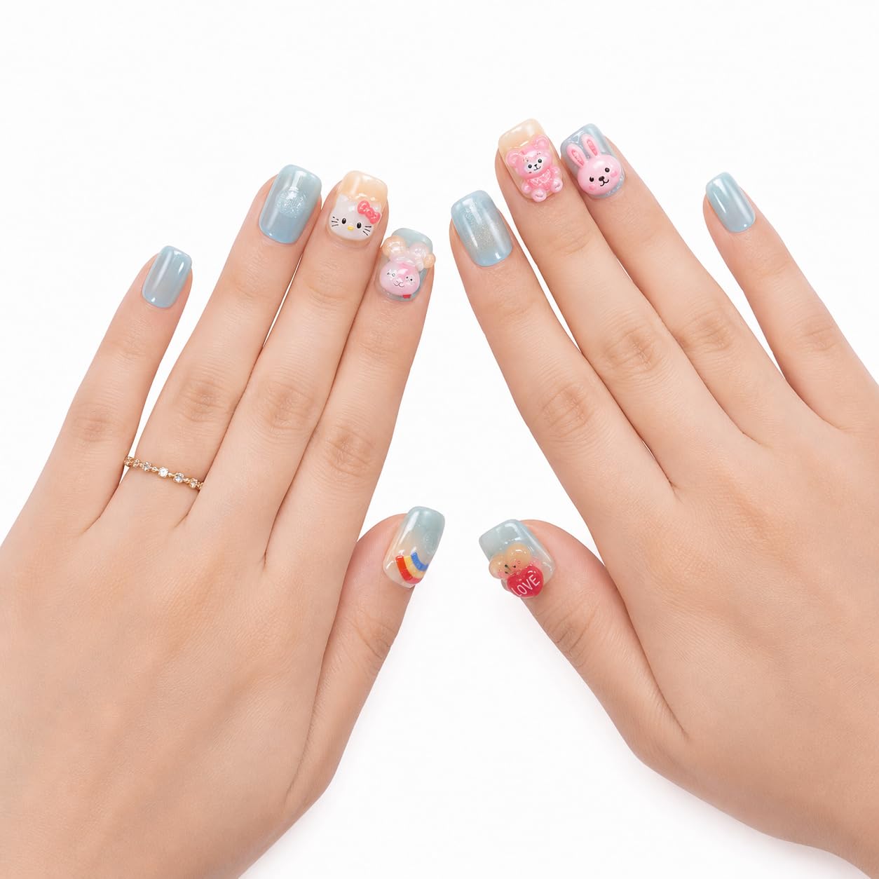 Cute 3D Press On Nails for Girls & Women | Reusable Short Square Fake Nails | Cartoon Kawaii Artificial Nail Set with Adhesive Glue Tabs | Glossy Stick On Nails for Daily Wear, Party & Gift