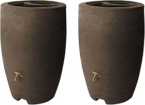 Algreen Athena 50 Gallon Plastic Outdoor Rain Barrel with Brass Spigot, Screen Guard for Rain Water Collection and Storage, Brown (2 Pack)