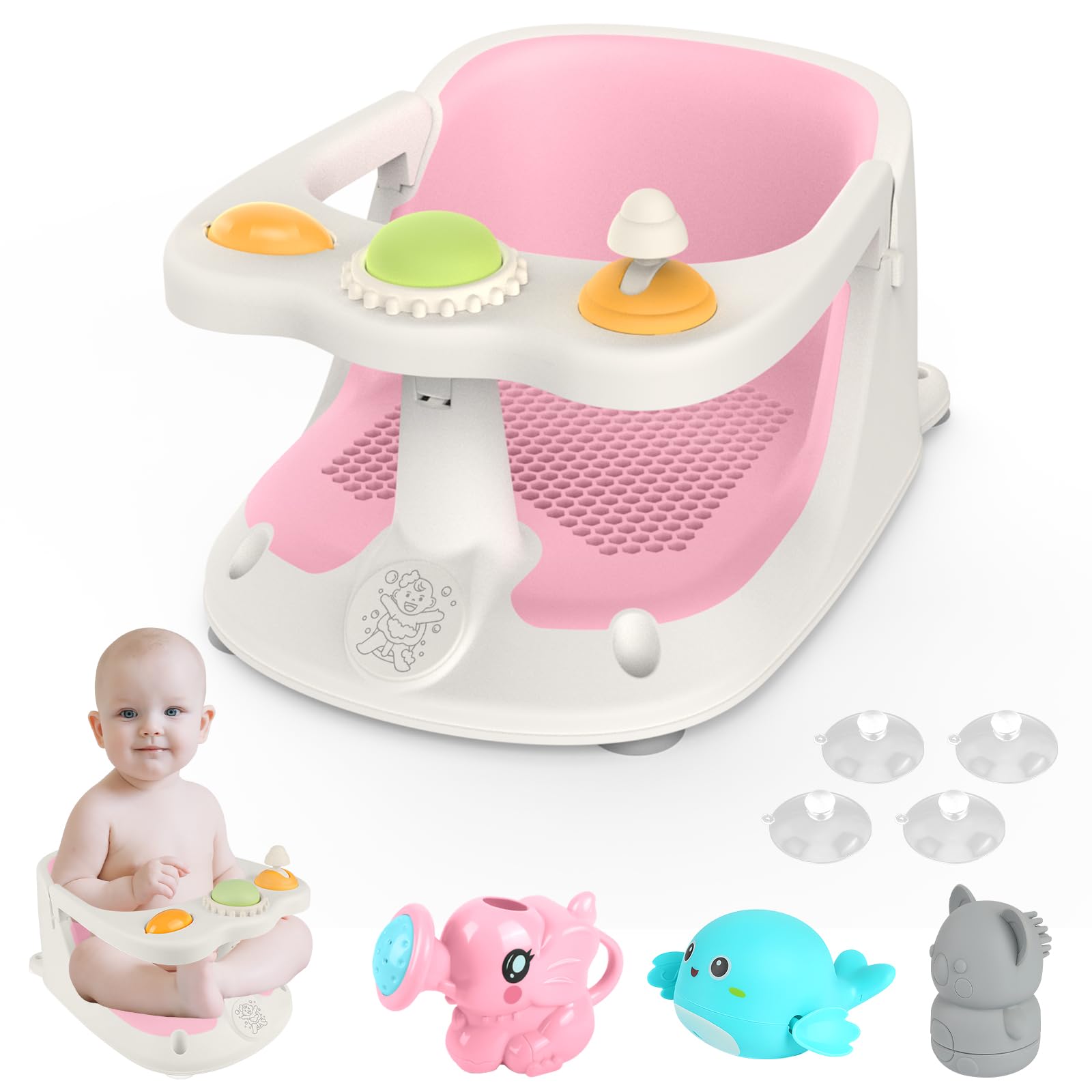 Aragallant Baby Badesitz ab 6 Monate, Badewannensitz mit 4-starken Saugnäpfen, Rutschfester Badesitz Baby mit Spielzeug, Sicherer Badstuhl für Kleinkinder (Rosa)