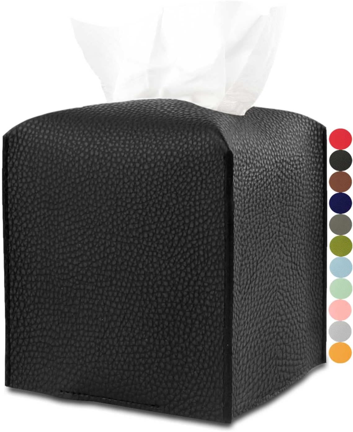Leather Tissue Box Cover Square – Tissue Holder with Bottom Belt [JESMINI, Black] Aesthetic PU Leather Tissue Box Holder Decorative for Bathroom, Home Office Decor