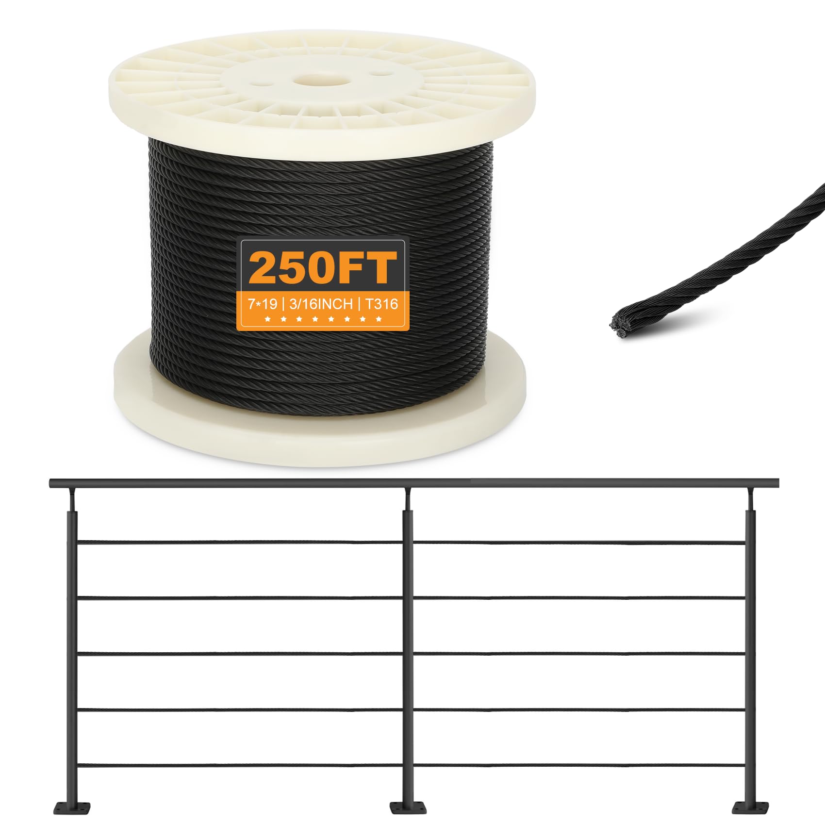Photo 1 of T316 Black 3/16" Stainless Steel Cable, 250ft Wire Rope, Aircraft Cable