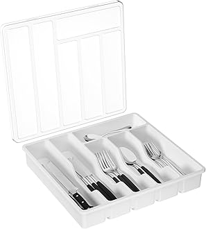 Lifewit Cutlery Tray with Lid, Cutlery Storage Box for Kitchen Drawer and Countertop, Plastic Cutlery Drawer Organiser for Spoons Forks Knives Holder Storage Insert, 6 Compartments, White