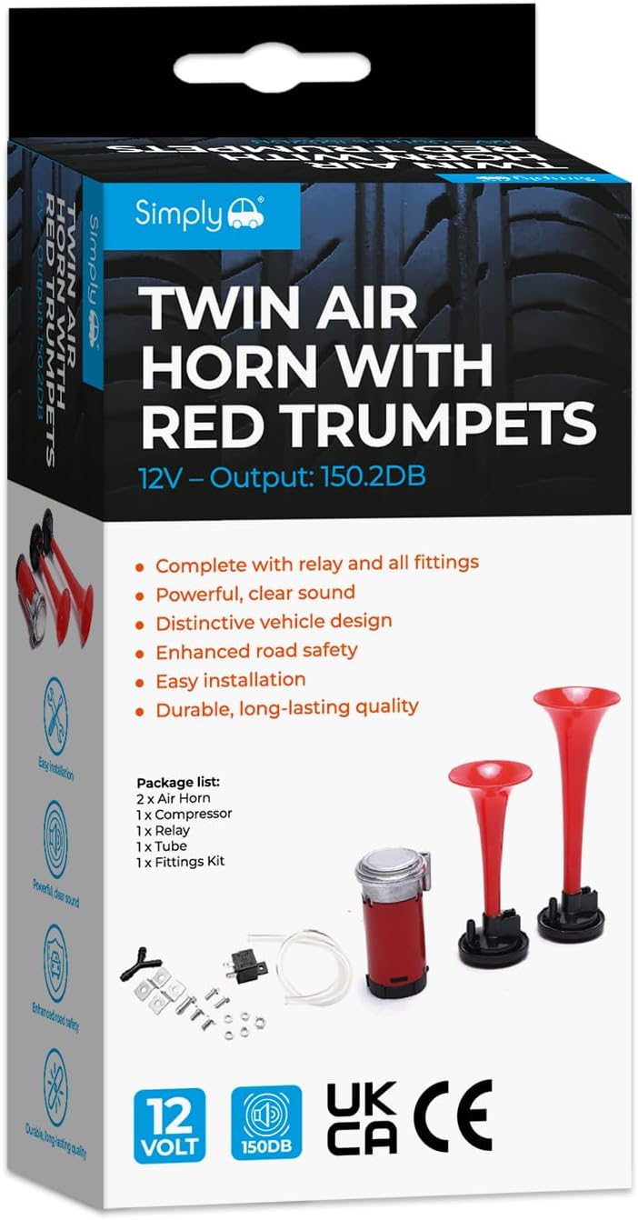 HN20 Twin Air Horn With Red Trumpets - All Inclusive Kit - Booming Sound - Extremely Durable - Maintenance Free