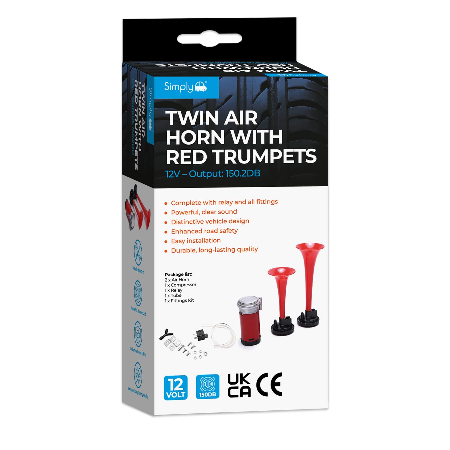 HN20 Twin Air Horn With Red Trumpets - All Inclusive Kit - Booming Sound - Extremely Durable - Maintenance Free