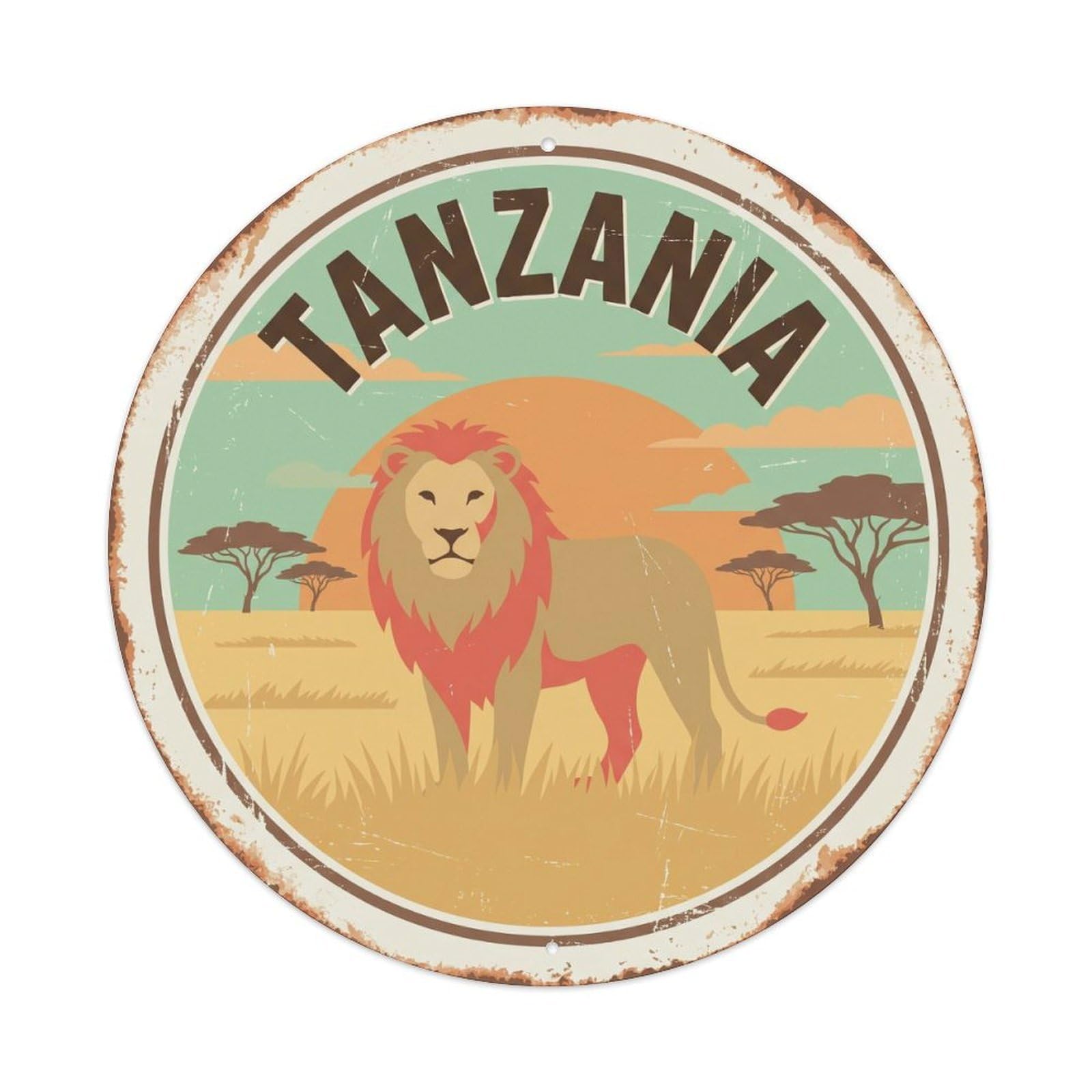 Tanzania Lion Grassland Sunset Metal Tin Sign