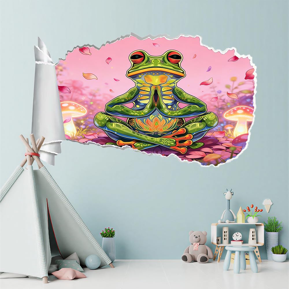 3D Wandtattoo Wanddurchbruch, Frosch-Yoga Durchbruch Wandaufkleber für Kinderzimmer, sticker für Wohnzimmer, Pilz Wandsticker, Wandbild Junge Mädchen Schlafzimmer