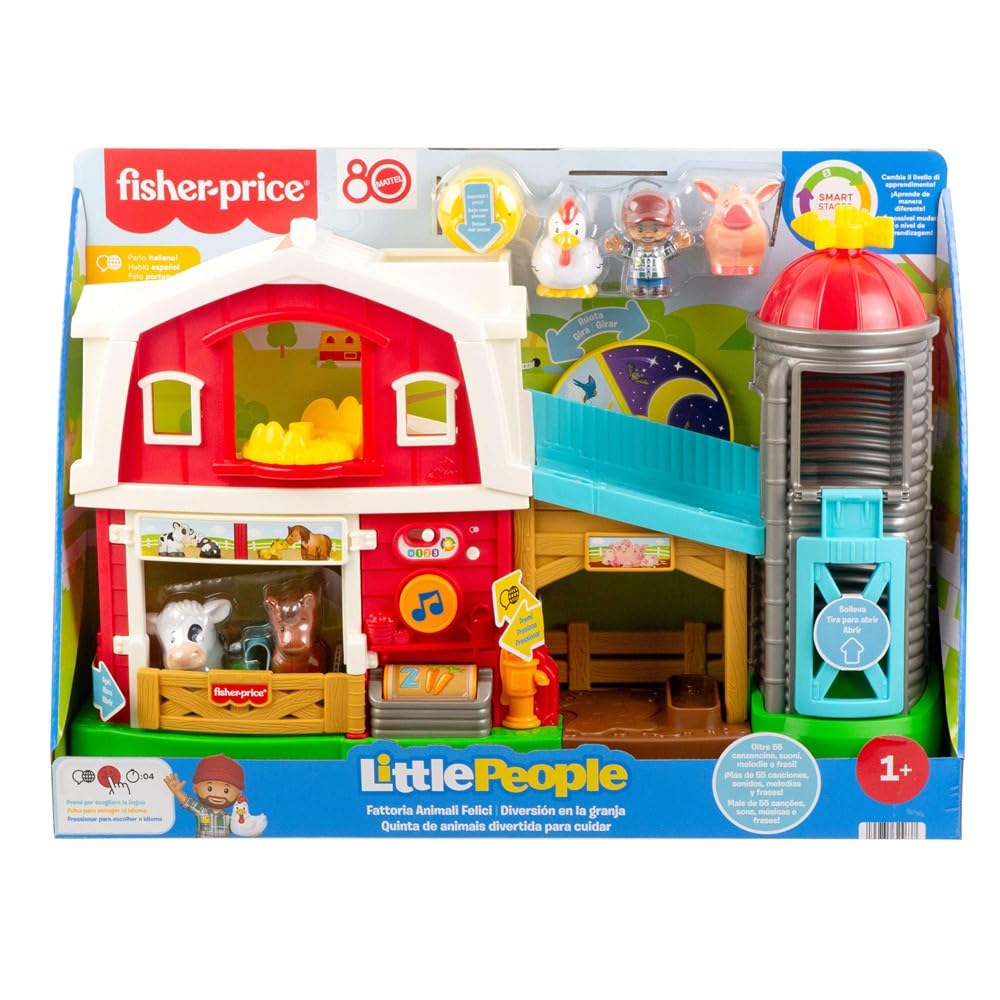 Fisher-Price Little People Granja de Cuidado de Animales. Juego con aprendizaje progresivo para niños pequeños de 1 a 5 años. Edición en italiano, español castellano, portugués e inglés. JGX09