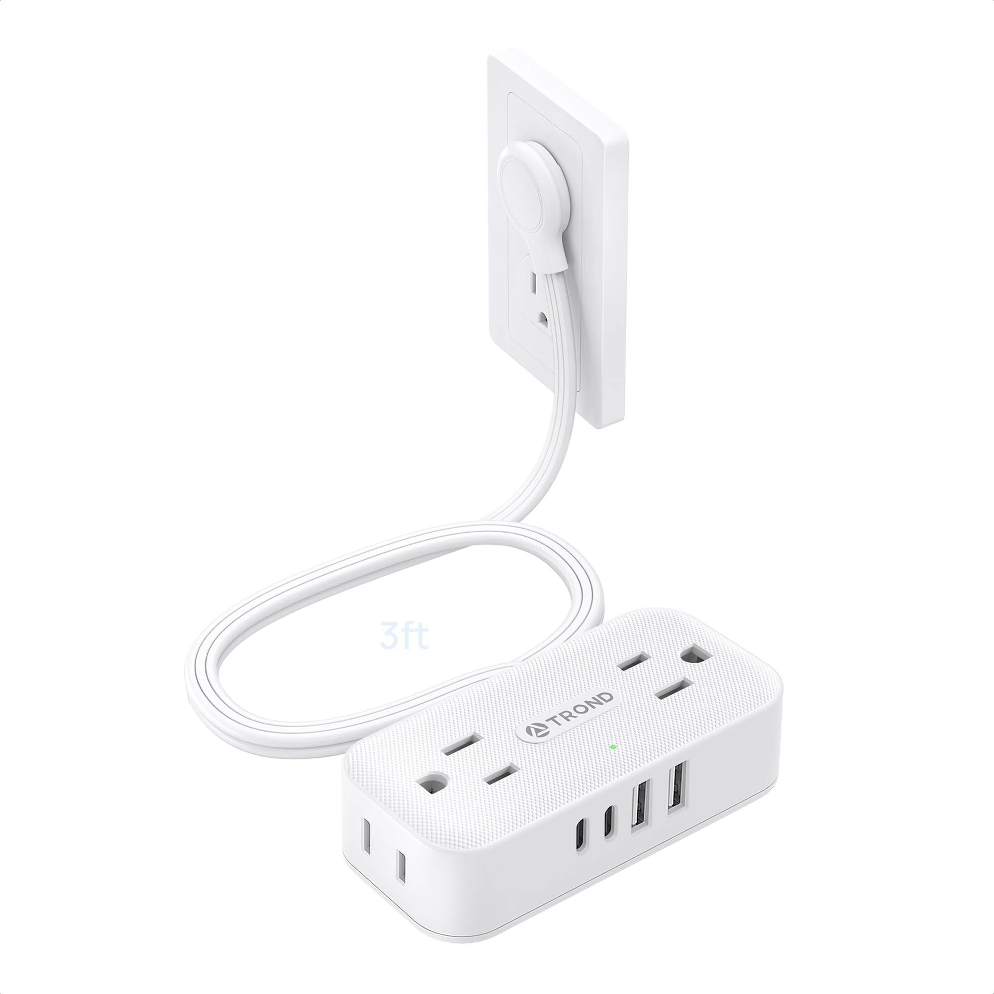 TROND 3FT Flat Extension Cord with Ultra-Thin Outlet Cover, Flat Wall Plug Power Strip with 4 AC 4 USB Ports, Hidden Outlet Extender for Tight Spaces, 10A/1250W, 900J Surge Protection, White — view 17