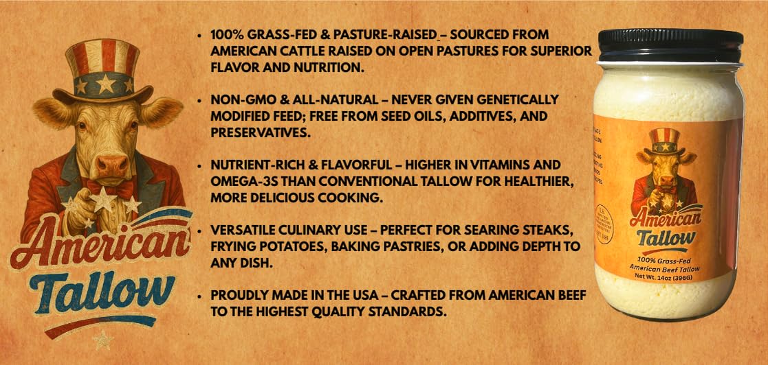 American Tallow, 100% Grass-Fed, Pasture-Raised, Non-GMO Beef Tallow, Premium Cooking Oil & Seed Oil Alternative, Healthy Traditional Fat,14 oz Glass Jar, Made in USA