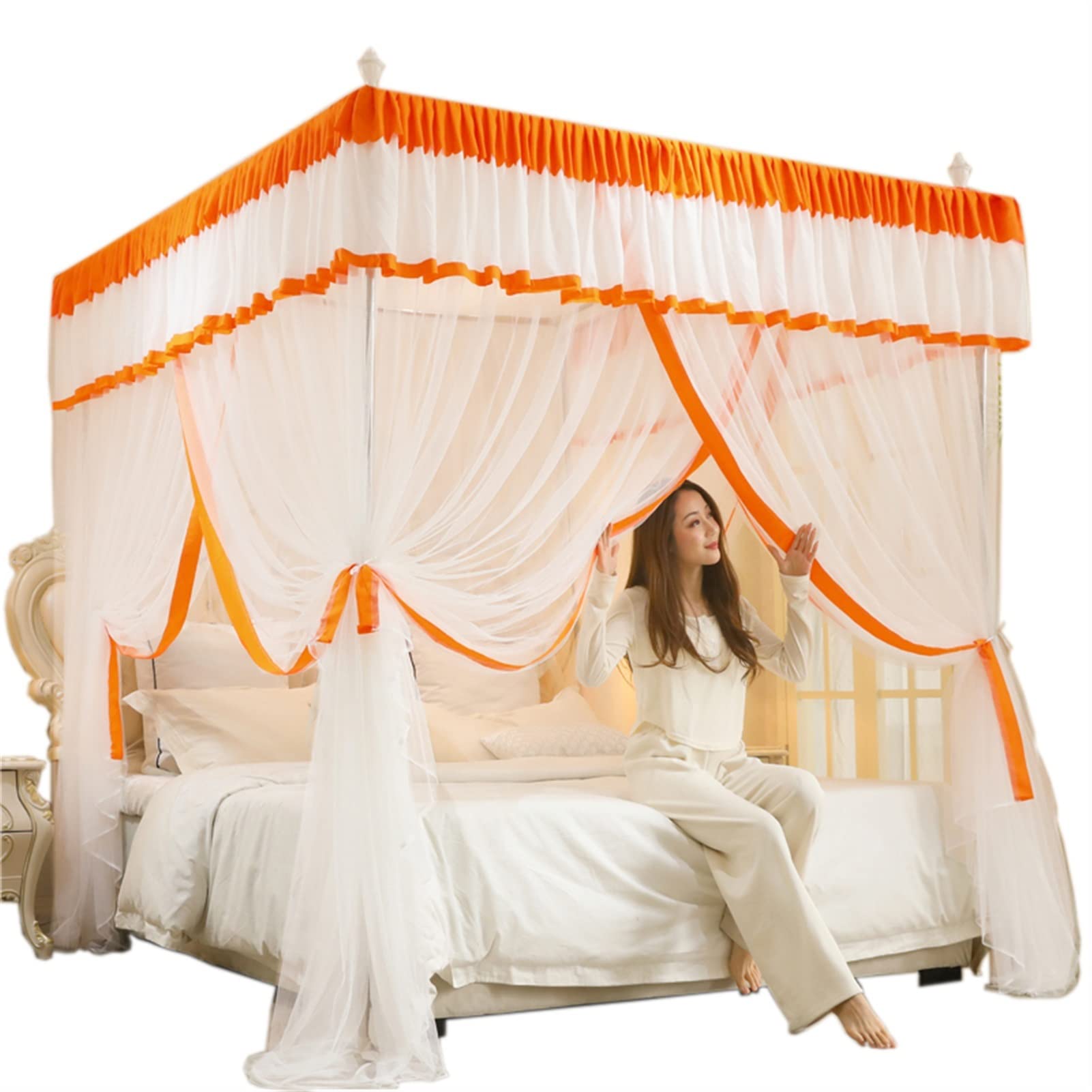 Mosquitera de cama de lujo de 180x220 cm con dosel de metal y malla naranja de 3 puertas