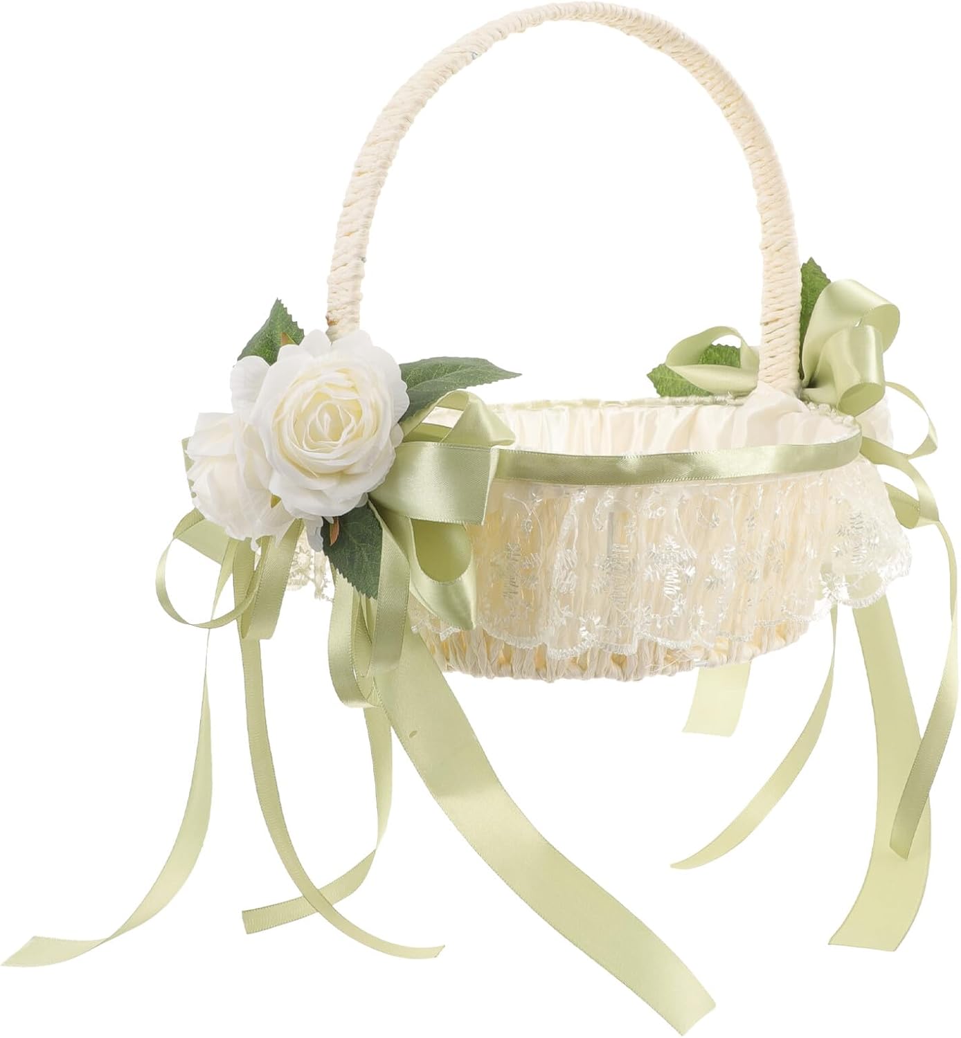 Wedding Flower Petal Basket with Bowknot Decorative Handheld Flower Girl Basket White Faux Rose for Wedding Ceremony and Party Supplies