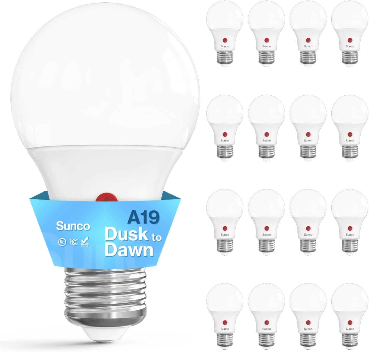 Sunco 16 Pack Dusk to Dawn LED Outdoor Light Bulb A19, Photocell Automatic for Exterior Lighting, 800 LM, 9W (60W Eqv.), 6000K Daylight Deluxe, Auto On/Off Sensor, IP65 Rated UL.