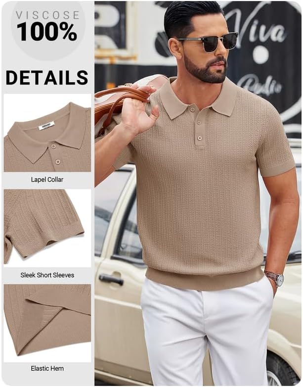 COOFANDY Mens Knit Polo Shirts Short Sleeve Slim Fit Textured Golf Polo Shirt Casual Summer Vacation T-Shirts - Image 5
