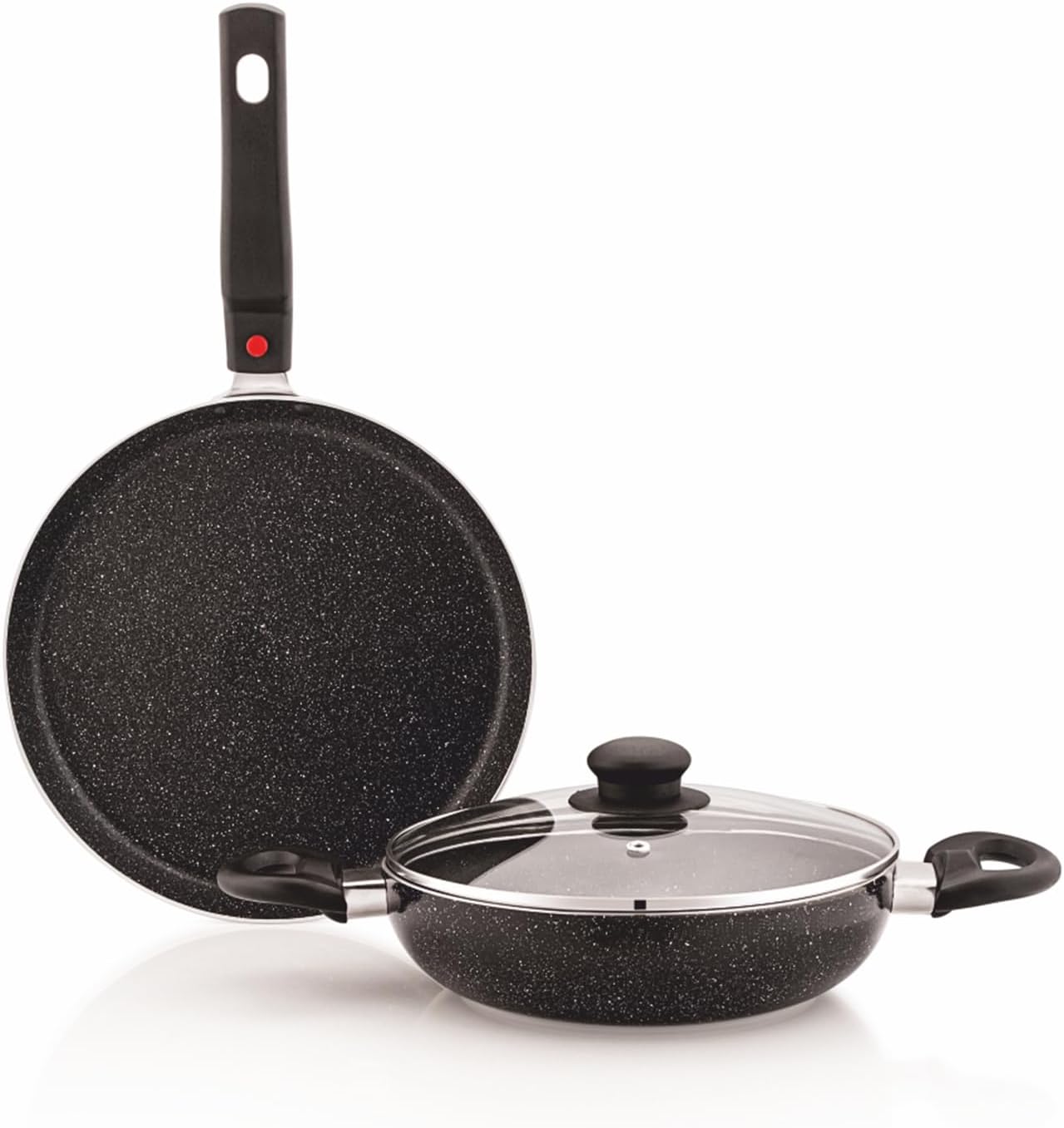 Amazon Brand - Solimo Aluminium 3 Piece Non-Stick Cookware Set Detachable Handle |Granite Finish | Induction Base | Pfoa Free | High Temperature Resistant Exterior Coating | Black