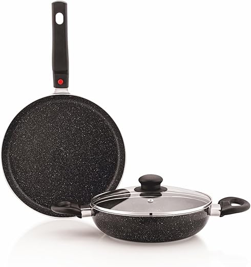 Amazon Brand - Solimo Aluminium 3 Piece Non-Stick Cookware Set Detachable Handle |Granite Finish | Induction Base | Pfoa F