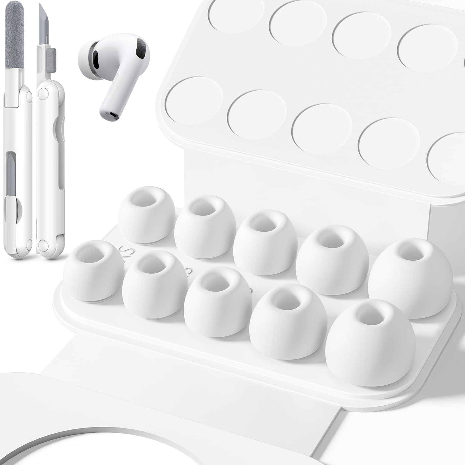 Inesore Replacement Ear Tips for AirPods Pro 3, 5 Size-White | with Hole for Noise Reduction, Silicone Earplugs for AirPod Pro 3 with Cleaning Set & Portable Storage Box, 5 Pairs
