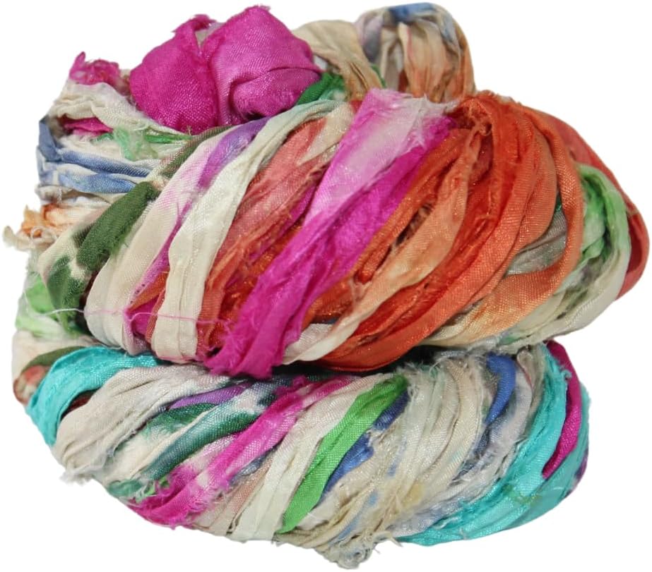 Knitsilk Recycled Shibori Sari Silk Ribbon Yarn- Great for Rug Making, Crochet, Knitting, Embroidery, and Jewelry Making |Sustainable and Unique Texture Ribbon Yarn|50 GMS-30 Yards-Multicolor |
