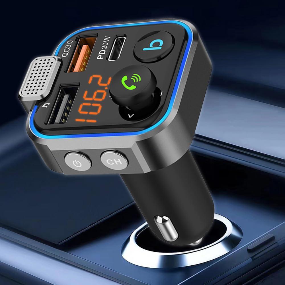 Transmisor FM para Coche 5.0 con Llamadas Manos Libres, Carga rápida PD 20W QC3.0, Reproductor de MP3