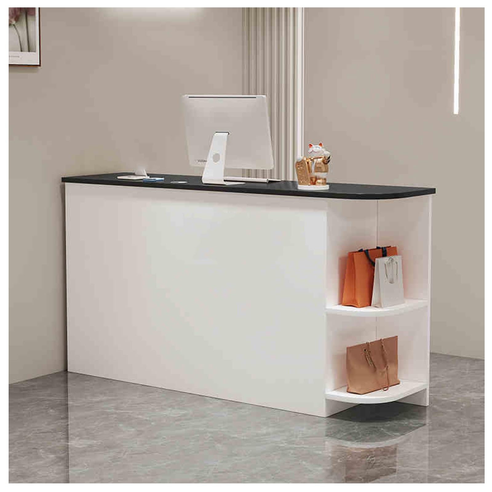 Kleiner Kassentisch mit abschließbarer Schublade und offenen Regalen, kompakter Bürotisch und Salon-Empfangstisch, 99,8 x 39,9 x 89,9 cm, Weiß