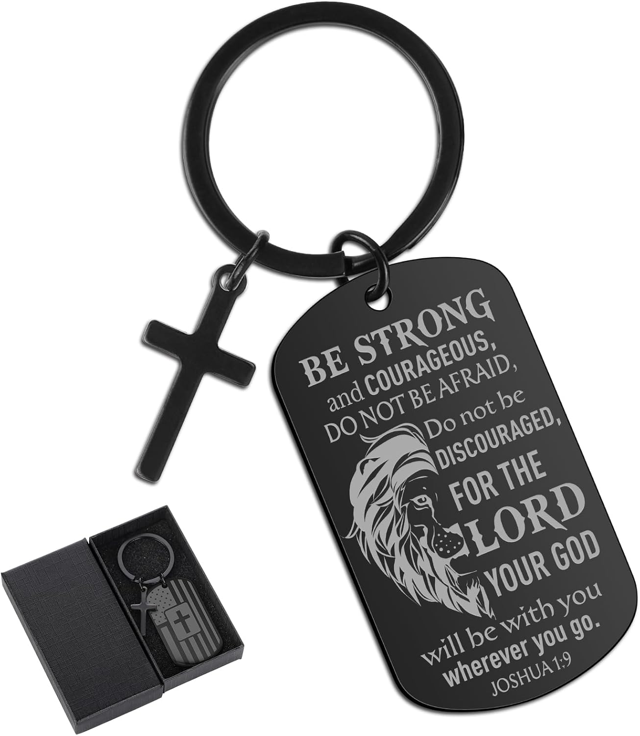 Christian Gifts Cross Keychain for Men - Black Religious Key Chain Stainless Steel Bible Verse Keyring Scripture Accessories for Boys Teens First Communion Religious Inspirational 1:9 Believer Gifts - Image 2