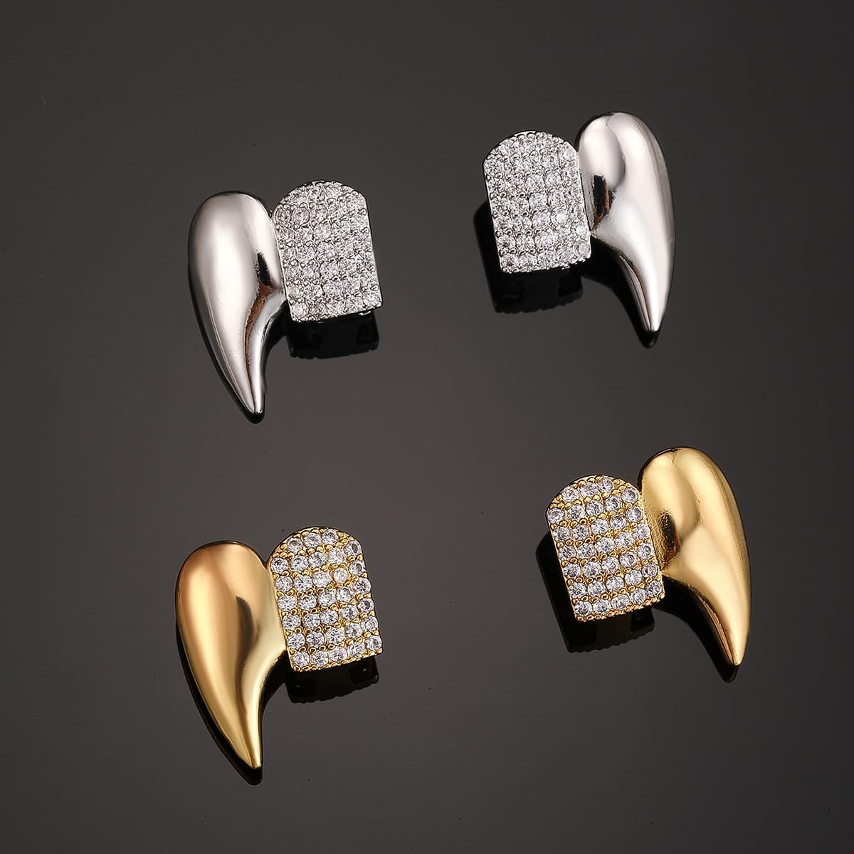 Gothic Vampire Diamond Grills Teeth Grillz Diamond Grills for Your Teeth 18k Gold Plated Double Tooth Grizz Caps Vampire Bat Fang Iced Out CZ Diamonds Grills Gothic Halloween Cosplay Party Jewelry for Men and Women