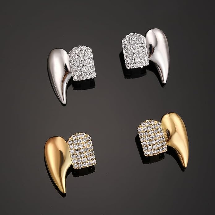 Gothic Vampire Diamond Grills Teeth Grillz Diamond Grills for Your Teeth 18k Gold Plated Double Tooth Grizz Caps Vampire Bat Fang Iced Out CZ Diamonds Grills Gothic Halloween Cosplay Party Jewelry for Men and Women miniatura 5