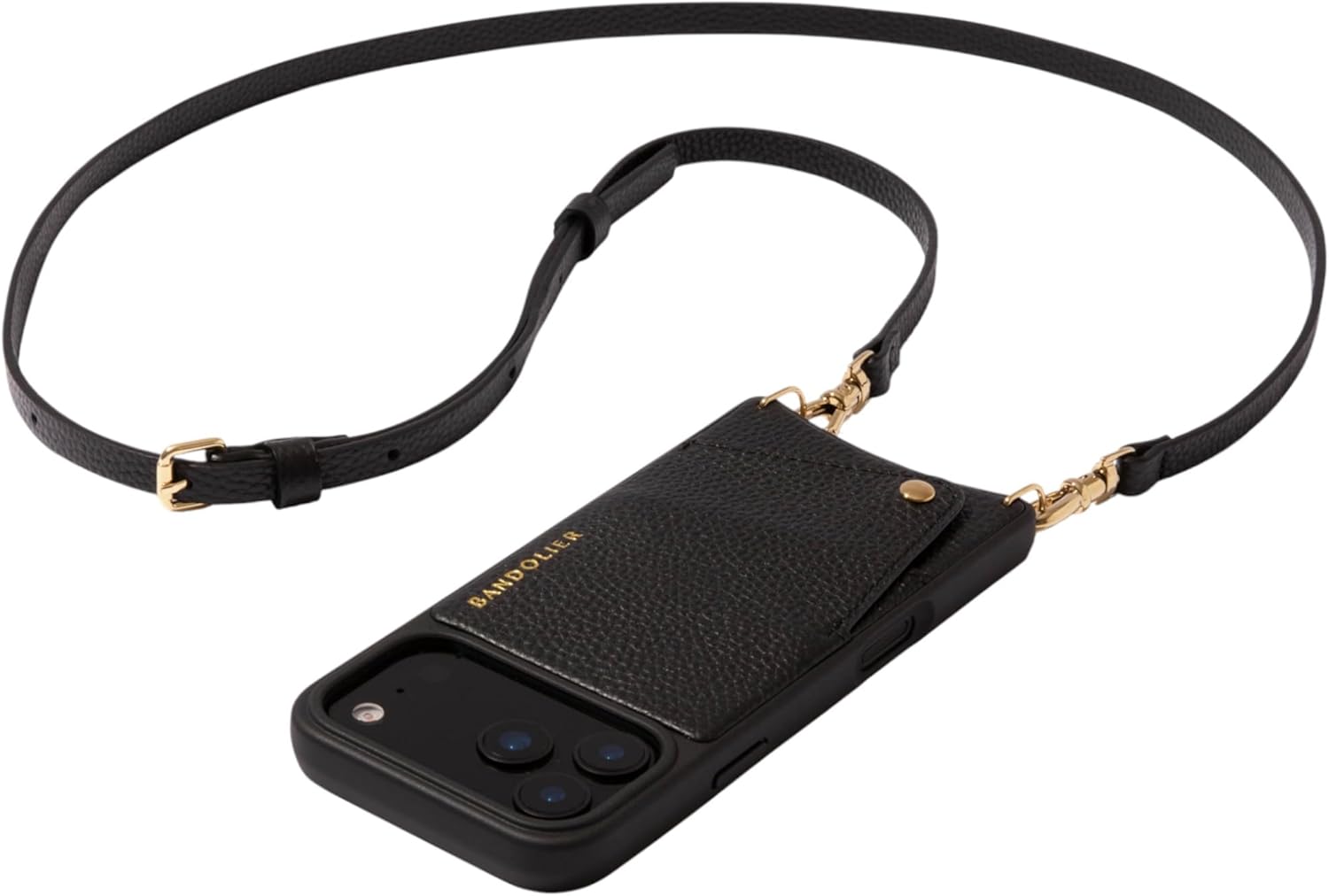 Bandolier Emma Crossbody Wallet Phone Case for iPhone 17 Pro. 100% Genuine Pebble Leather. Adjustable & Removable Crossbody Strap. Card Holder with Snap Closure. Black with Gold Hardware