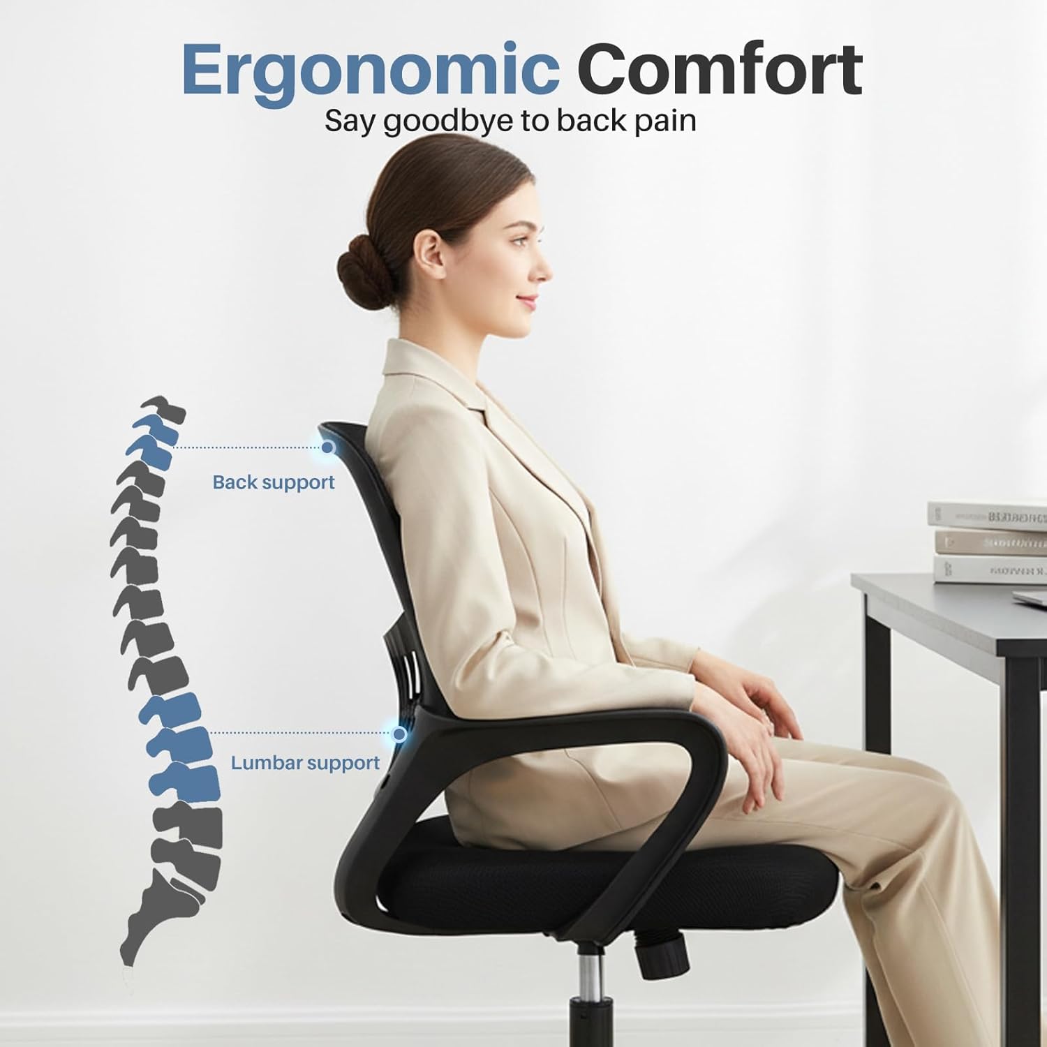 Back view of the DUMOS office chair, showing the mesh backrest and fixed armrests.