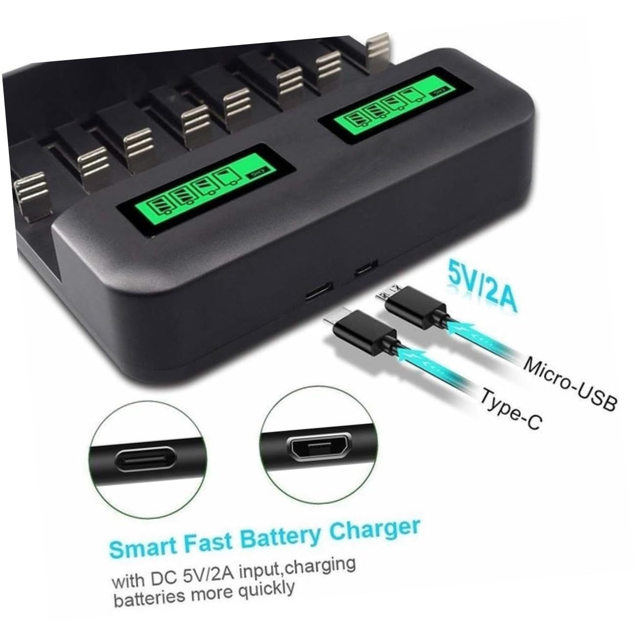 Chargeur de Piles AA AAA C USB Intelligent Emplacements avec Écran LCD Protection Multiple Circuit et Surcharge Charge pour Batteries Rechargeables Nimh Nicd