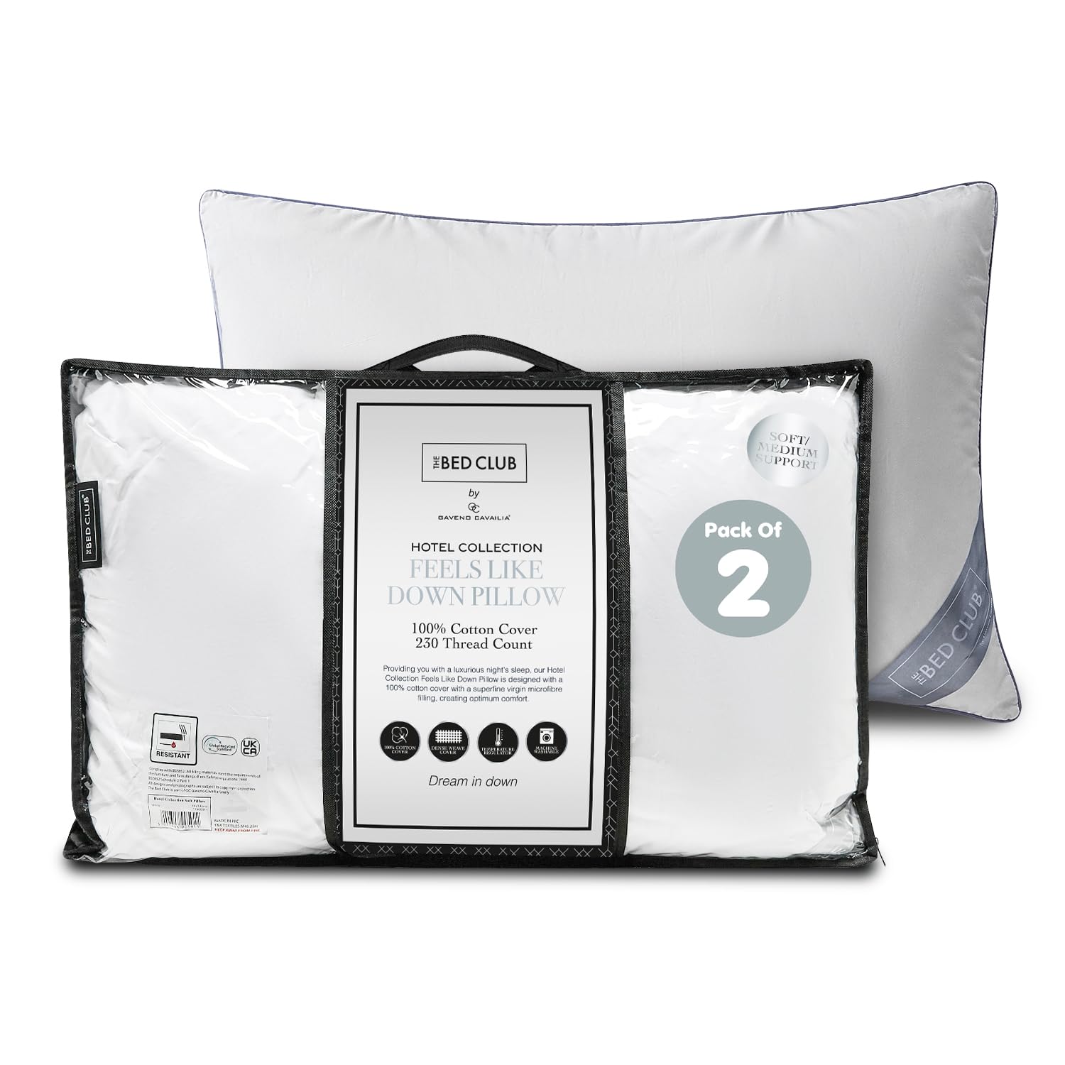 GC GAVENO CAVAILIA Hotel Collection Soft Pillow 2 Pack | Bounce-Back Neck Support Pillow With 100% Cotton Cover | Hypoallergenic Hotel Quality Pillows For Sleeping Back & Side Sleepers Pillow 74x48cm