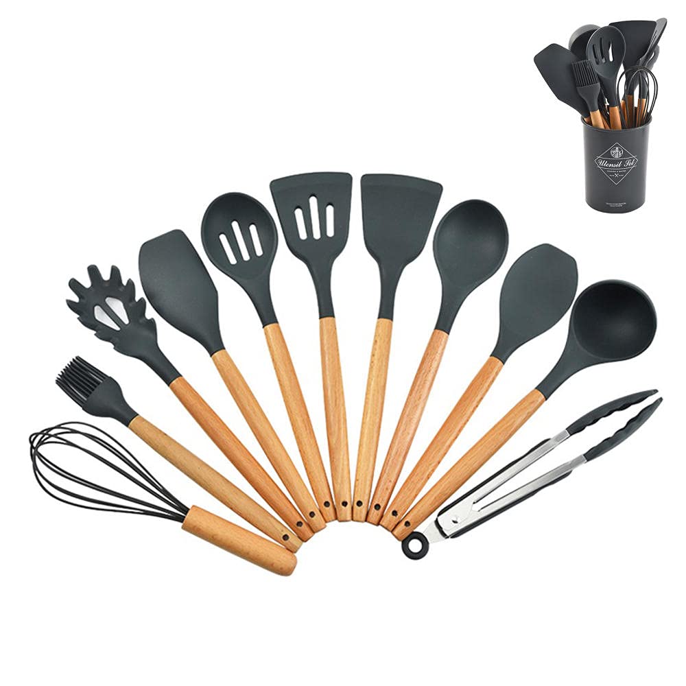 Ustensiles de Cuisine en Silicone, poignées en Bois Set de spatule, ustensiles de Cuisson Grises pour casseroles Non-bâton, spatules en Silicone pour Cuisson Cuisine Gadgets outils-11pcs-01
