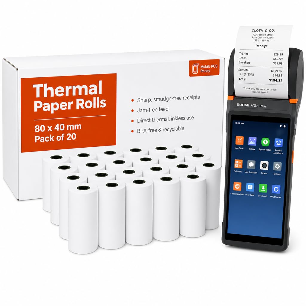80 x 40mm Thermal Paper Rolls (Box of 20) - Till Rolls for Sunmi V2s Plus, Just Eat, Uber Eats & Deliveroo Printers, BPA-Free Receipt Paper for 80mm Card Machines & POS