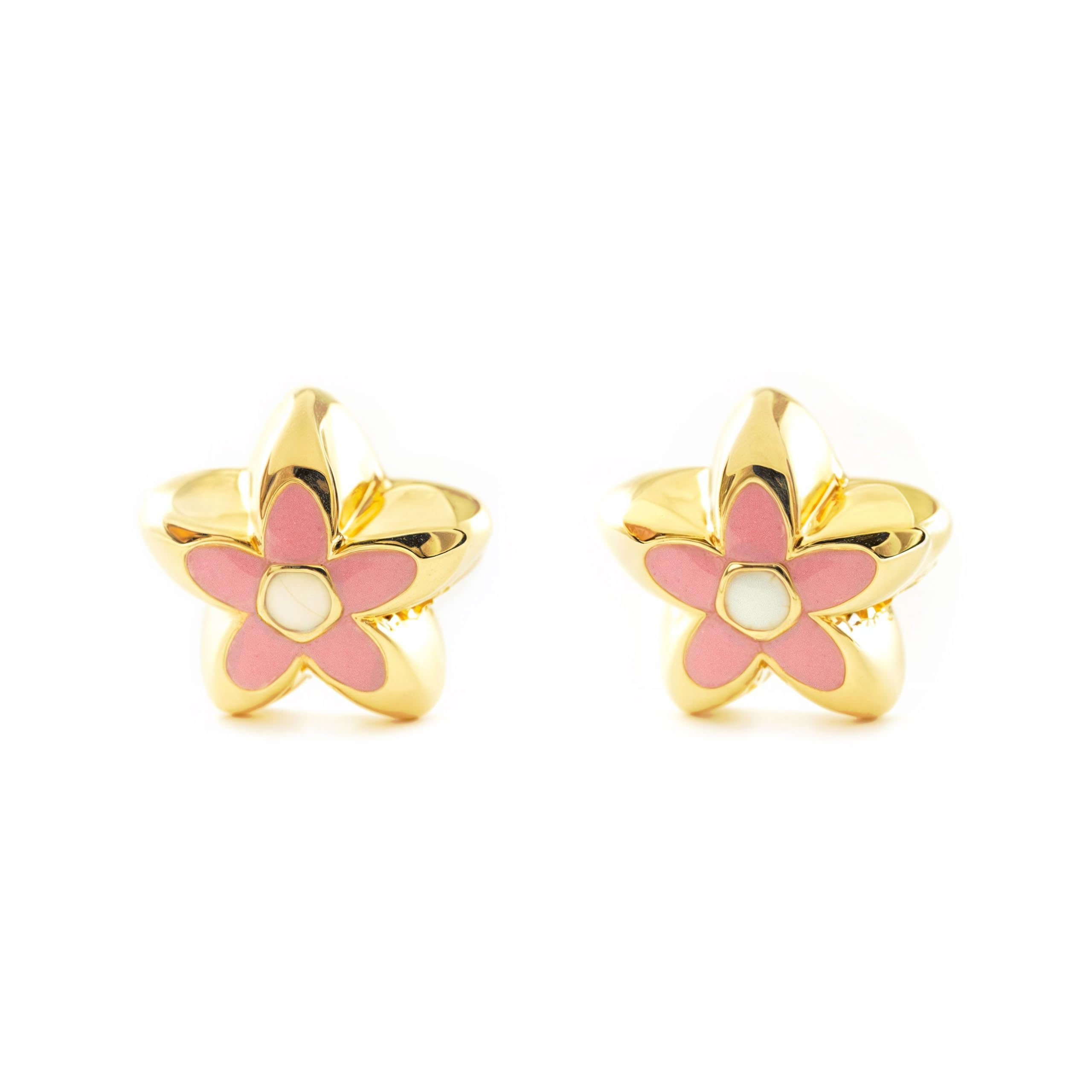 Pendientes Bebe-Niña Oro Amarillo 18K Flor Esmalte Rosa Brillo - Certificado Garantía - Mondepetit - 2675