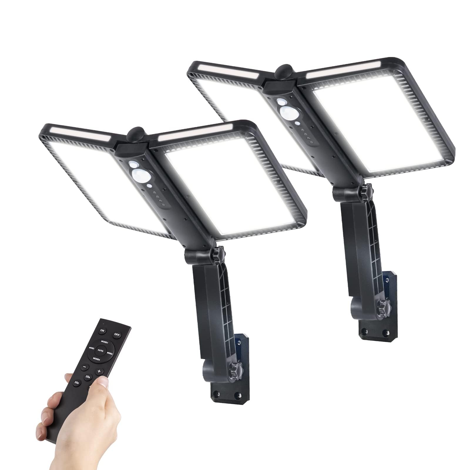 Moman Solarleuchten für Außen, 218 LED Strahler mit Bewegungsmelder Außen 5 Modi 4400mAh IP65 Wasserdicht 2Pcs Solarlampe mit Fernbedinuntg für Garten,Solarlampen-Außen-Bewegungsmelder-LED-Strahler