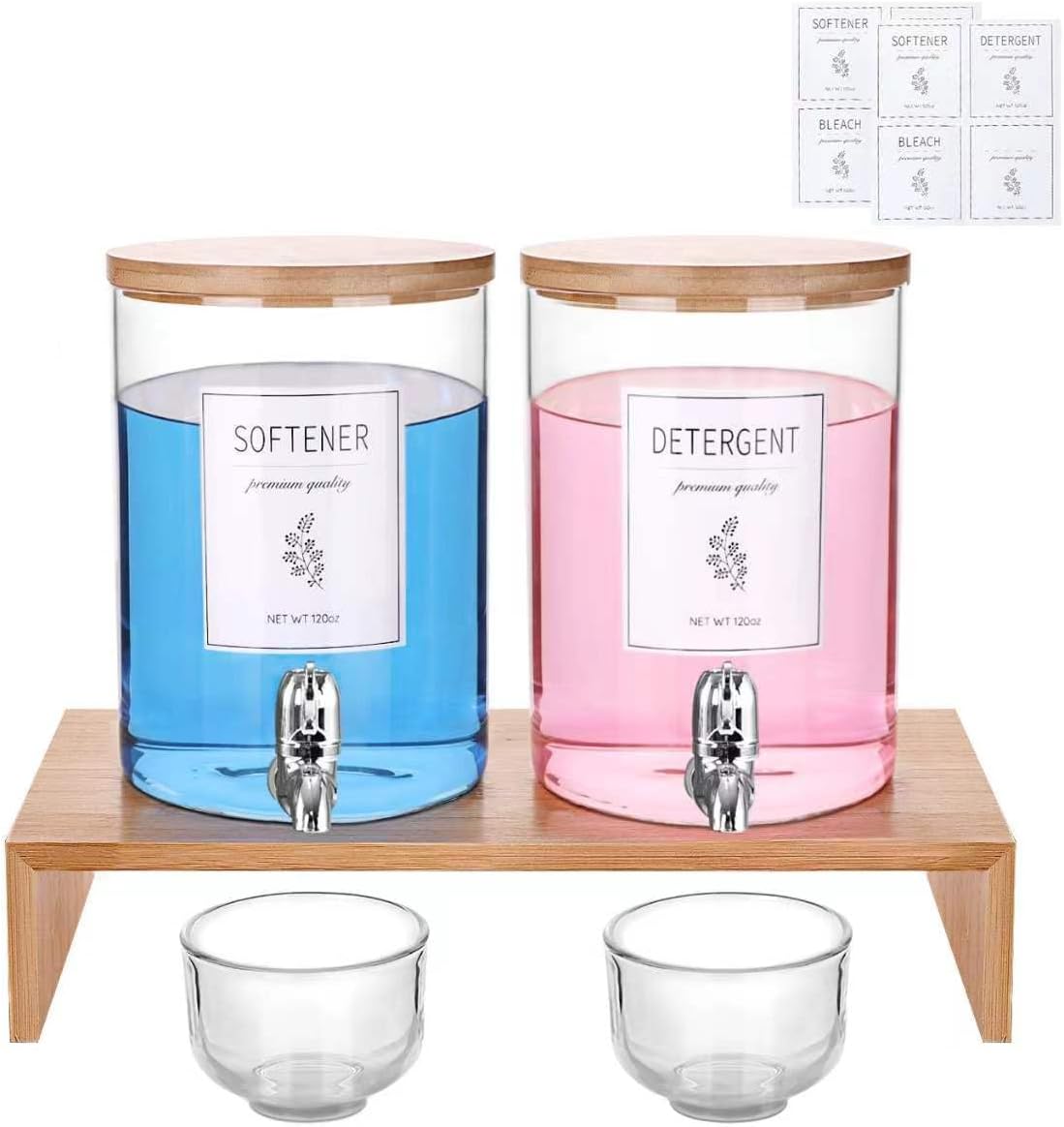 Laundry Detergent Dispenser Set with Bamboo Lids, Shelf
