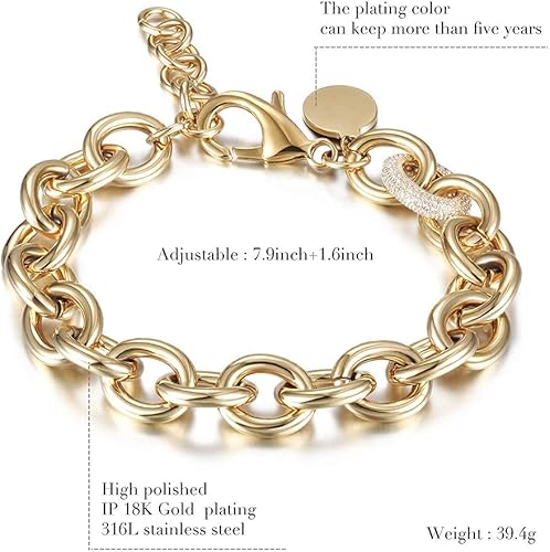 Miniatura 5 de CIUNOFOR Pulseras de cadena de eslabones chapados en oro de 14 quilates para mujer, pulsera apilable con cuentas de plata delicada de 8.0 pulgadas,