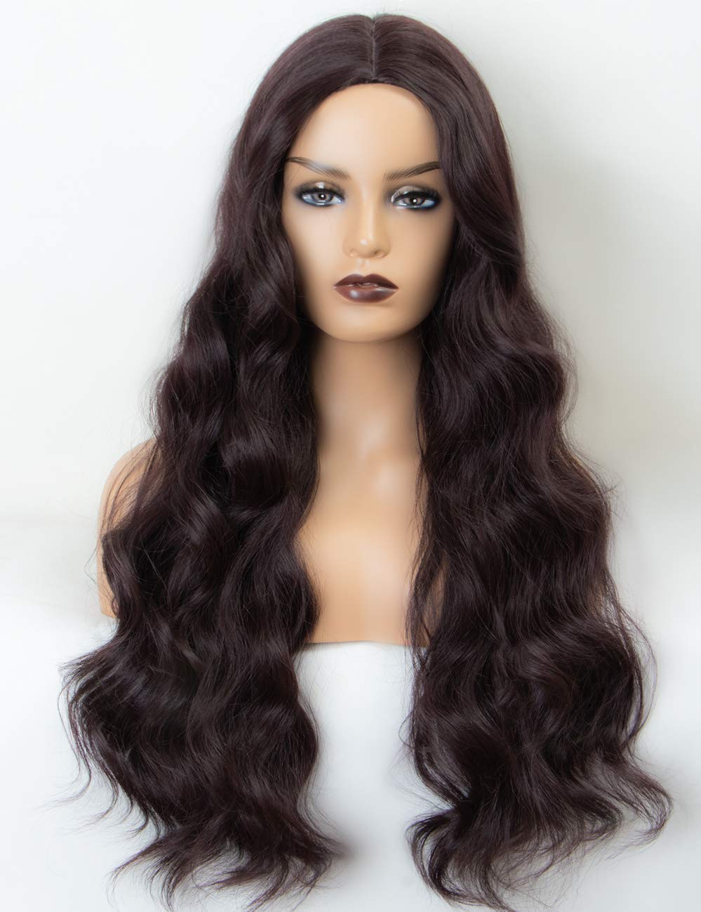 Wavy Deep Burgundy Wig with Middle Parting Long 99j Synthetic Wig None Lace Full Machine Made Dark Red Wine Wigs for Women Scheherezade 24 Inch Hair Natural Looking Heat Resistant