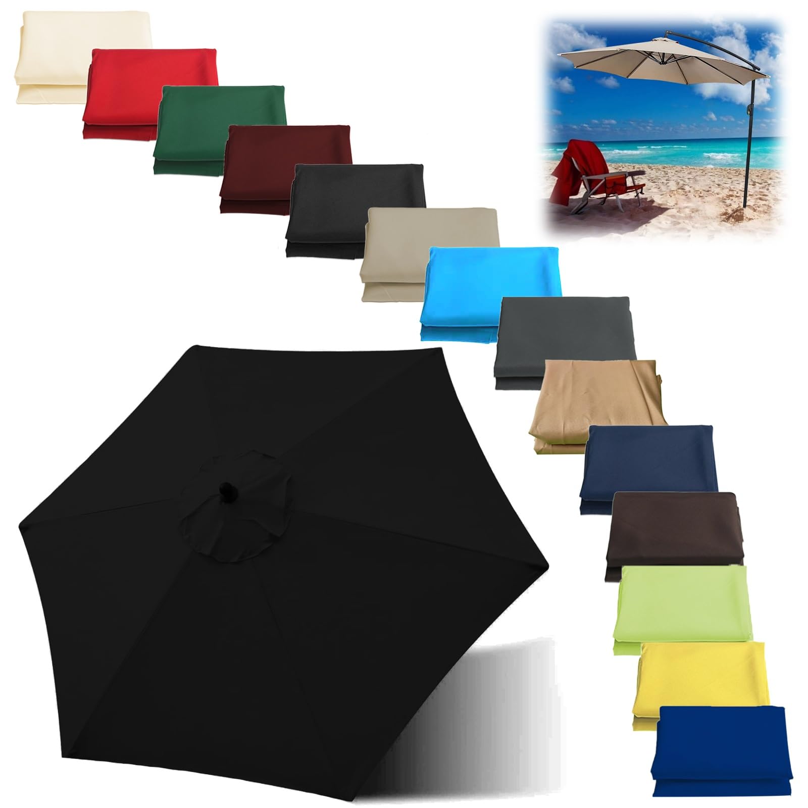 Replacement Parasol Canopy Hexagonal Octagonal (6 Arms 8 Arms) Sun Umbrella Replacement Cloth 200cm/270cm/300cm Garden Parasol Canopy Cover Replacement Parasol Fabric Cover(Color:Black,Size:2.0 m-6 Ar