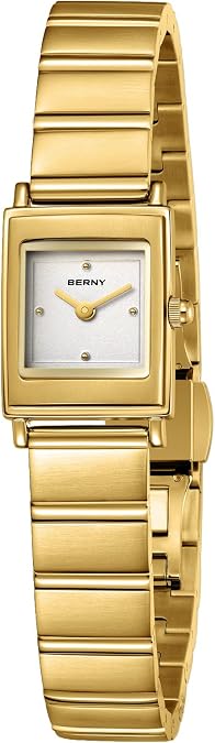 BERNY Vintage Gold Watches for Women, Elegant Square Women's Wrist Watch, Small Ladies Analog Quartz Watches, Minimalist 3ATM Waterproof All Stainless Steel Birthday Present