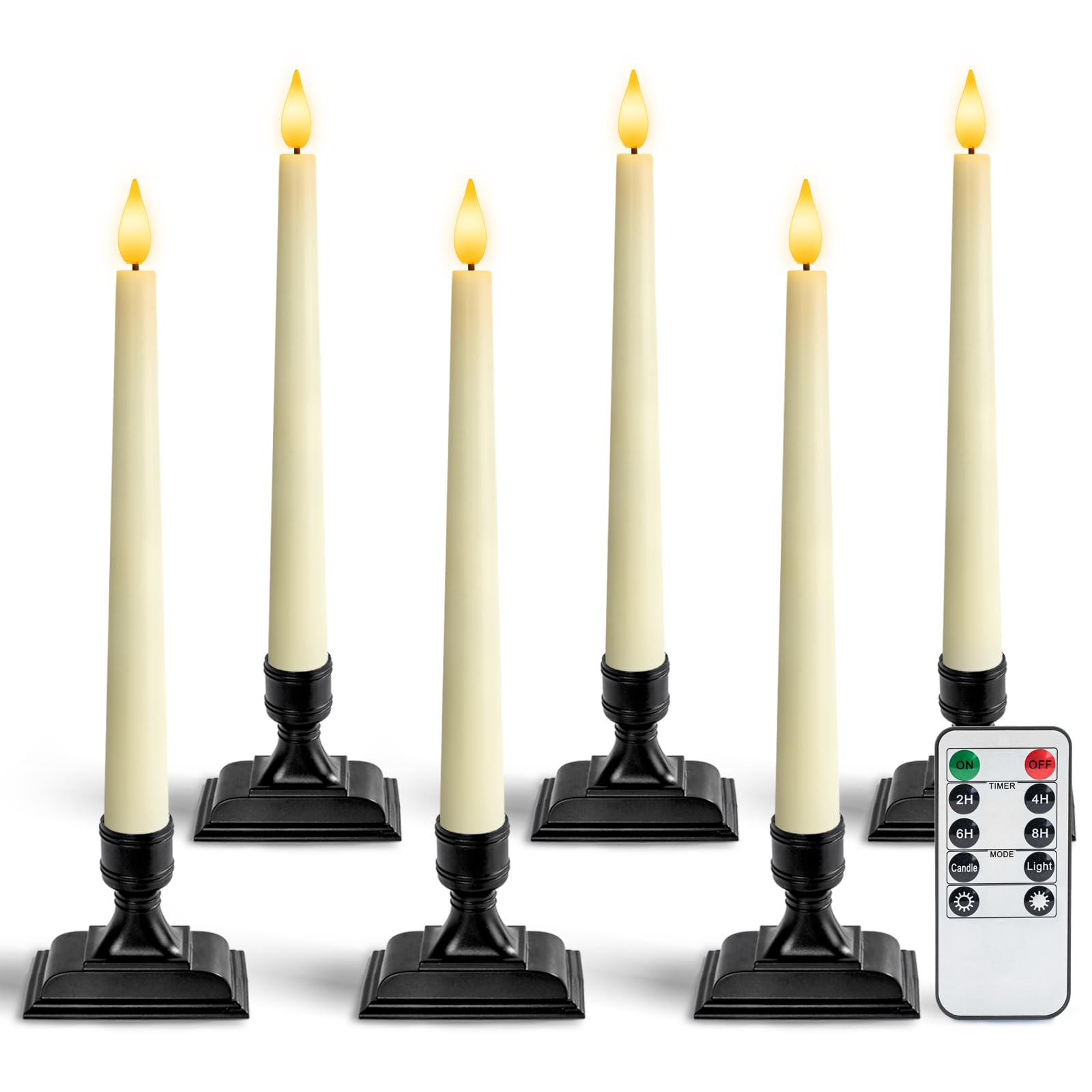 Homemory Wax Window Candles with Remote Timer Dimmer, Battery Operated Candlesticks with Holders, Christmas LED Candlesticks for Window Home Part Decor, 6 Pcs Ivory