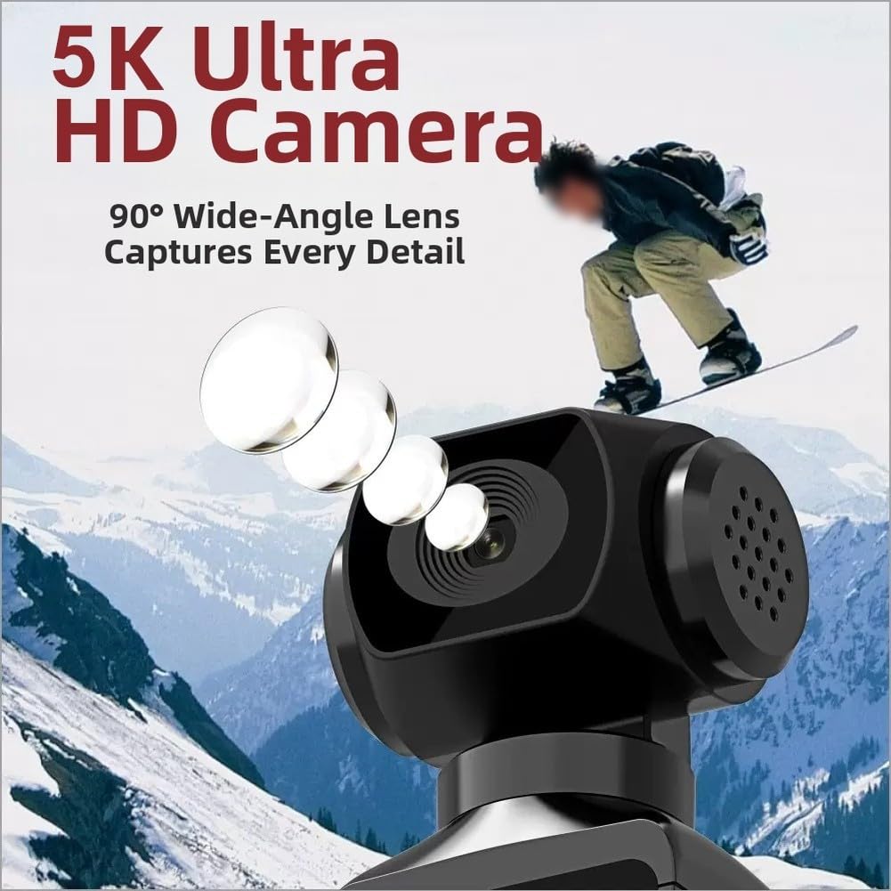 QOXEZY Caméra d'action portable 5K avec rotation à 270 degrés et microphone intégré pour les aventures en plein air, les vlogs et la plongée, corps en ABS léger (noir)
