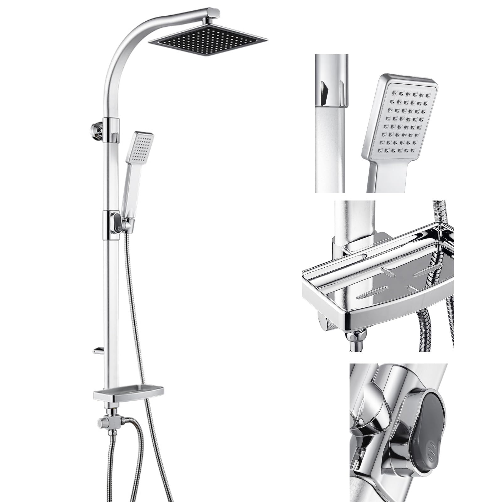Kit de riel elevador de ducha, barra deslizante de altura ajustable con cabezal de lluvia cuadrado de 20 cm y pulverizador de mano, juego de ducha de baño de modo dual con jabonera, manguera