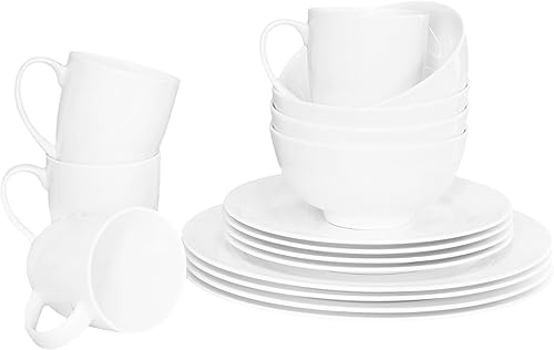 Bone China - Juego de vajilla de 16 piezas, servicio para 4, blanco, apto para microondas, apto para lavavajillas, resistente a las astillas,