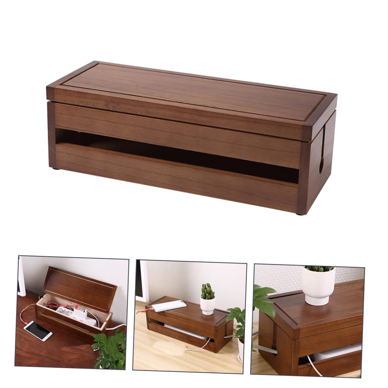 Scatola per Cavi Organizer Legno Marrone Caffè 1 Pezzo | Paulownia , Design Struttura Traforata Multifunzionale per Dissipazione del Calore , Ordine per Cavi e Adattatori