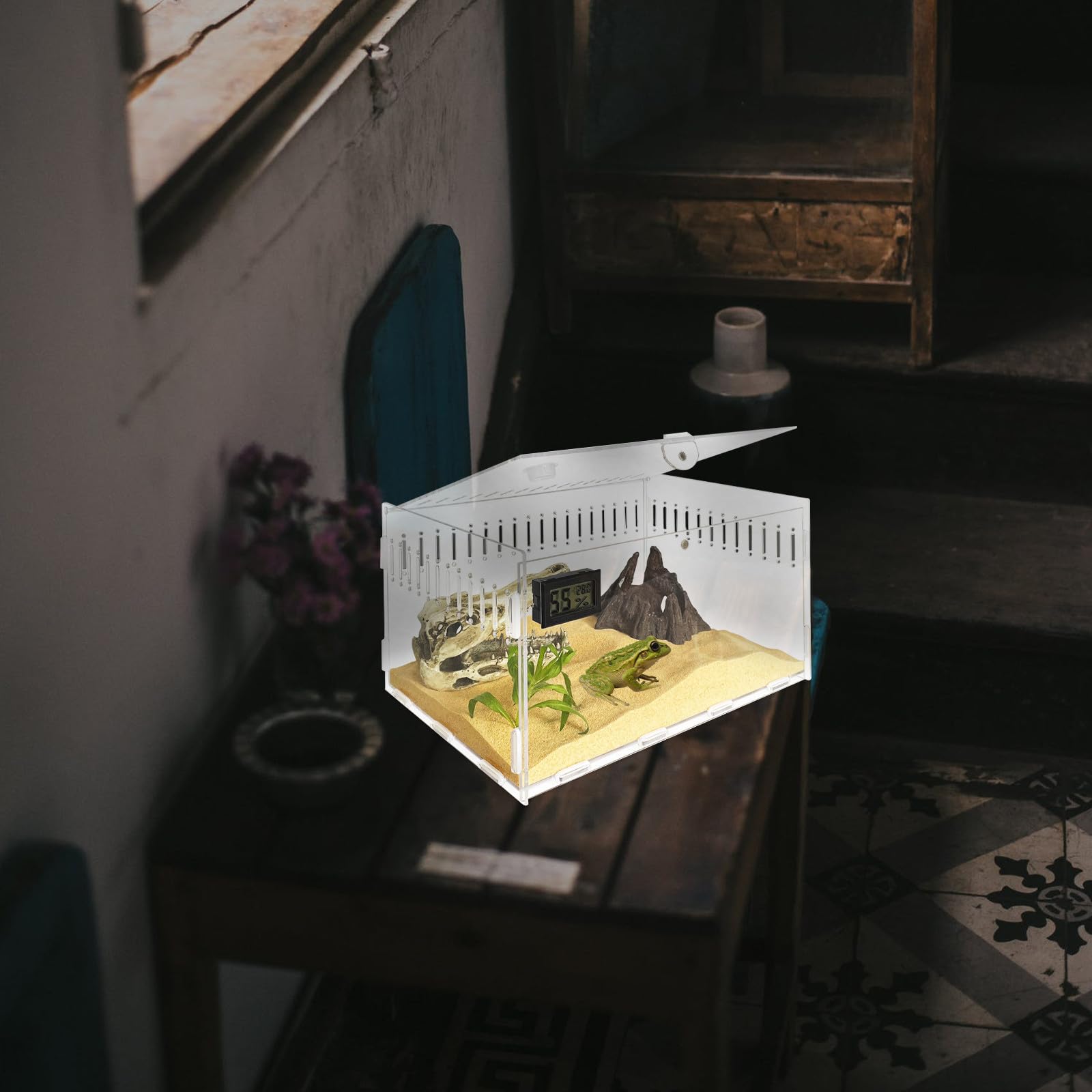 Lurrose Scatola Trasparente Gabbia Sicura per Rettili in Acrilico Fori di Ventilazione e Igrometro Termometro Integrato per Tartarughe e Serpenti