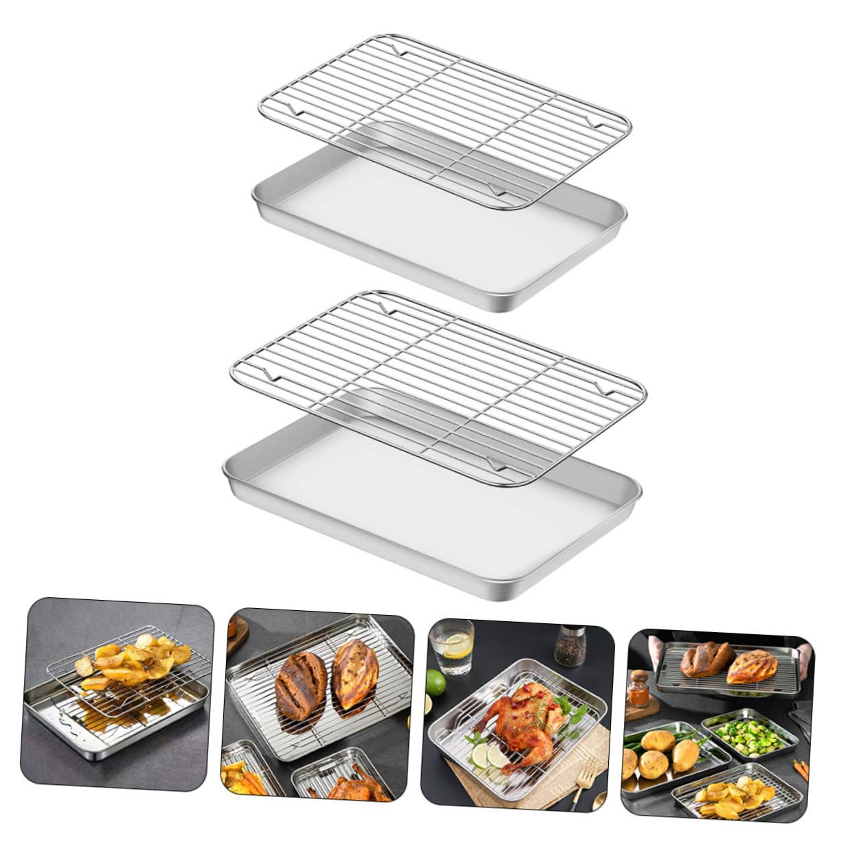 VICASKY Backblech mit Spiegelpolitur mit Kühlgitter 2 Stück aus Edelstahl Langlebiges Backzubehör zum Backen von Brot und Fleisch