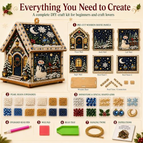 3D Christmas Wooden House Diamond Art Kit for Adults, Diamond Painting Craft with Pearl Beads & Resin Gems, Christmas Pearl Art Kit, DIY Hanging Christmas Ornaments & Wall Decor Gift (R#) - Image 5