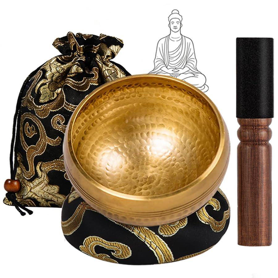 Neuytiky Bol Chantant Tibetain 8cm,Bol Tibetain 7 Metaux Fait Main,Bol Tibétain avec Maillet Cuir Coussin Pochette,Bol Tibetain Laiton pour Méditation Yoga...