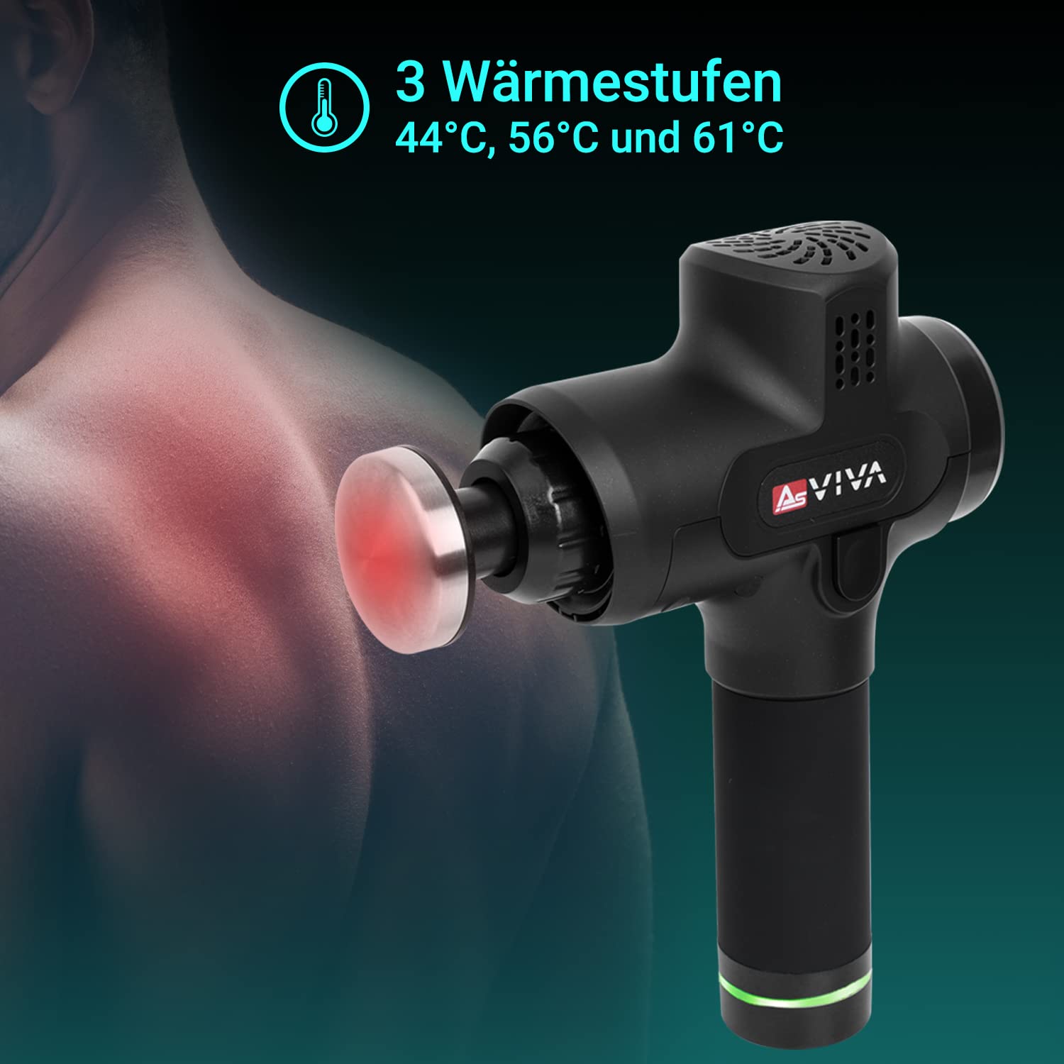 AsVIVA MGN1 Physiovibe Pro | Massagepistole & Massage Gun mit Wärmekopf, 7 Massageköpfen, austauschbarem Akku (2400 mAh) & USB-Ladefunktion