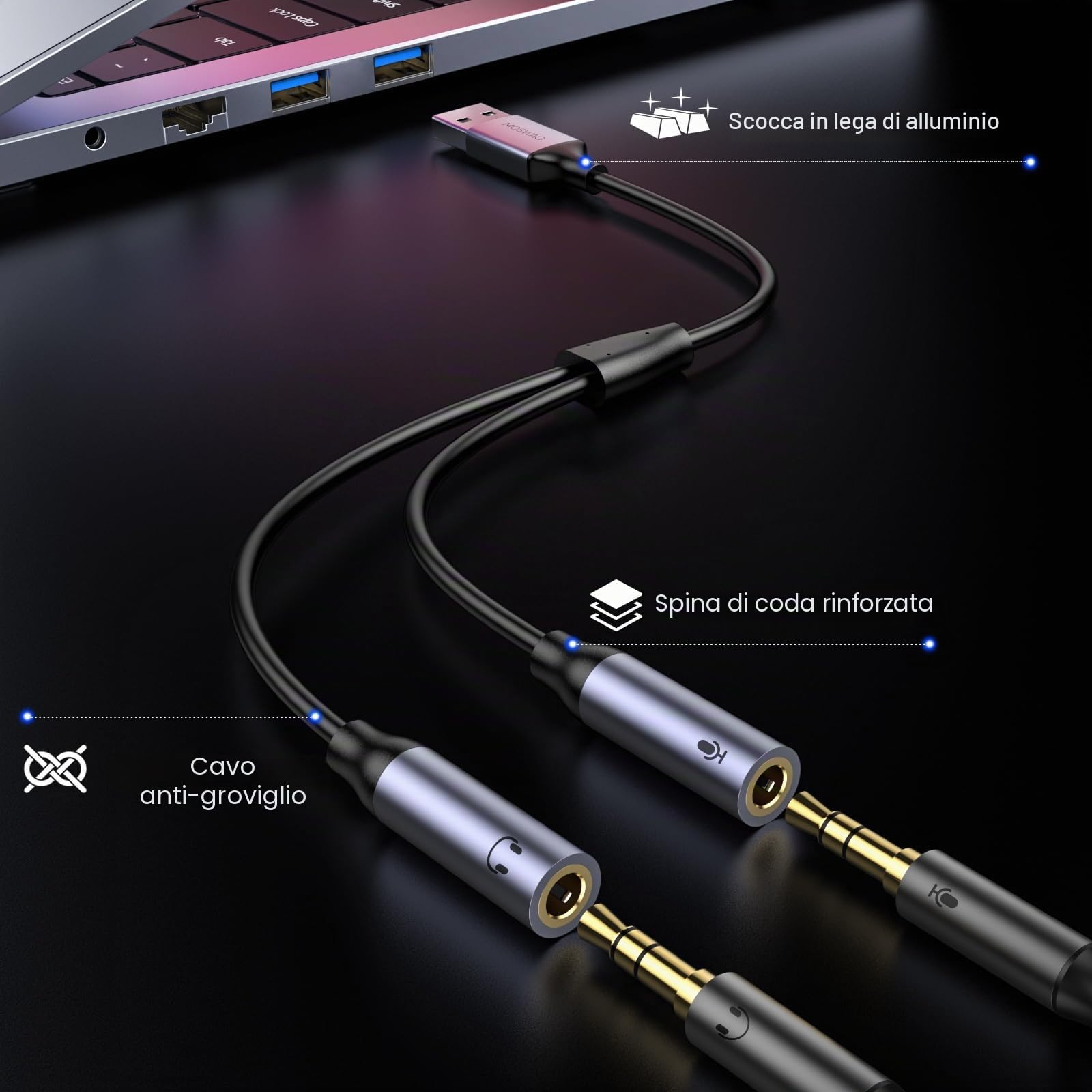 MOSWAG Scheda Audio USB Esterna Adattatore Jack 3,5mm, Adattatore Audio Presa USB a Jack 3,5mm per Laptops, Desktops Windows, MAC, Linux, PC, PS4